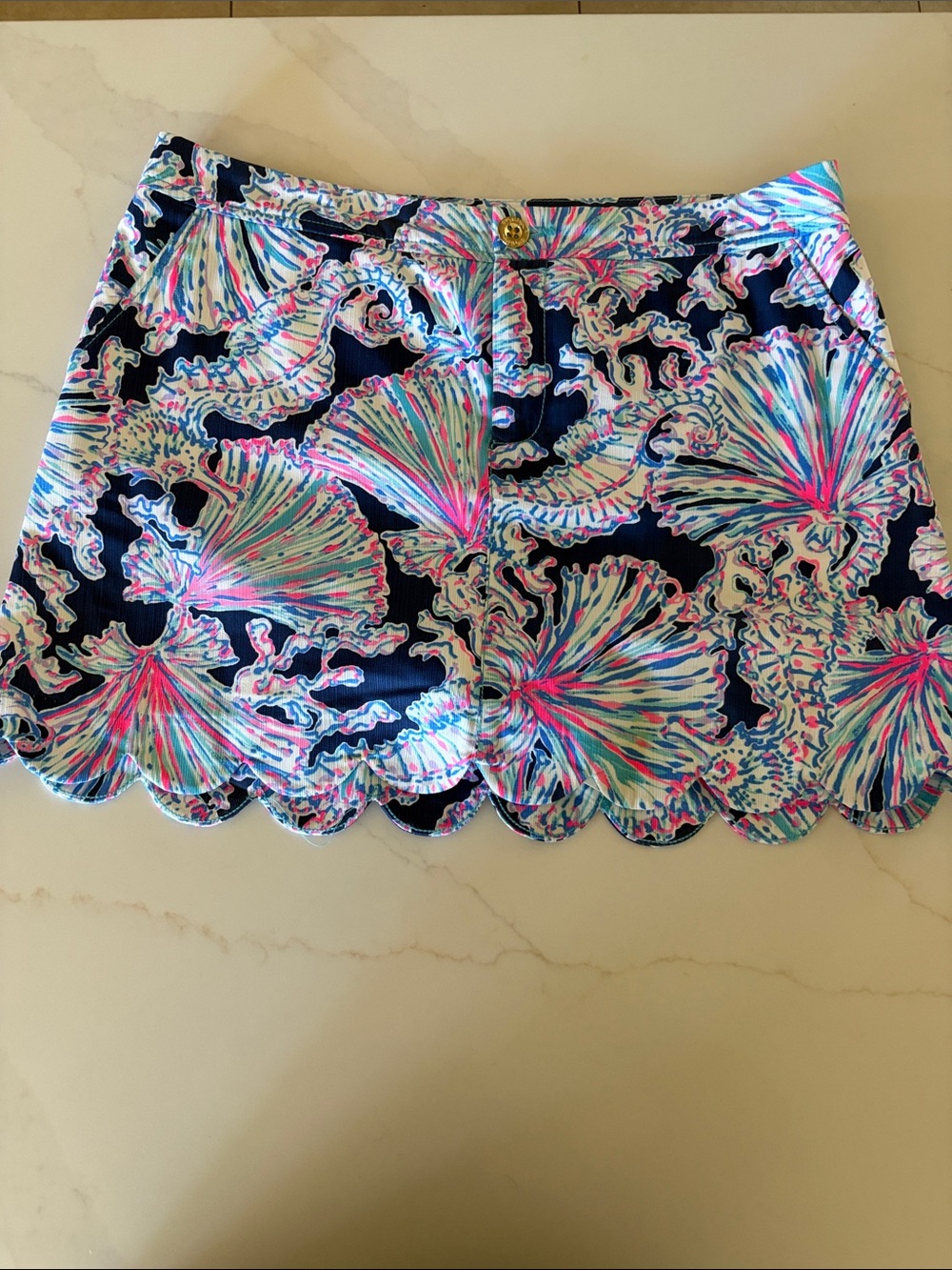 Lily Pulitzer Navy Scallop Hem Printed Mini Skort with Pink & Aqua Floral Shells